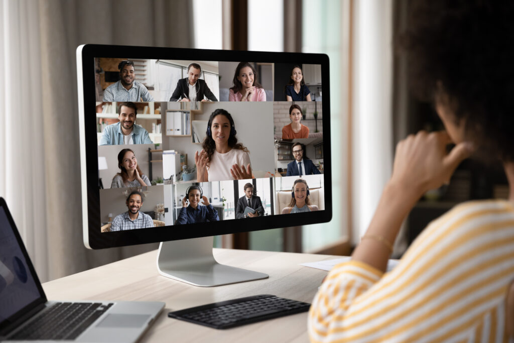 Focused young african american woman holding video conference talk.