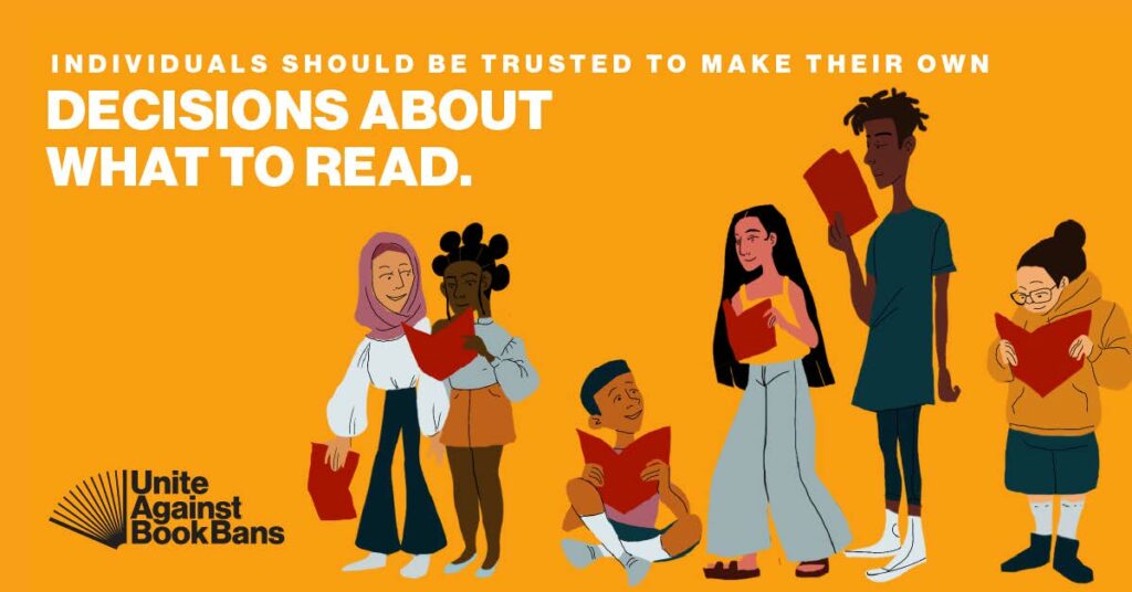 Image of people reading books with the statement "Individuals should be trusted to make their own decisions about what to read."
