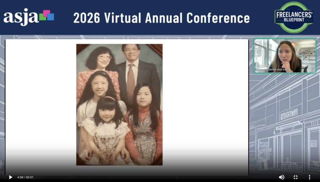 Memoirist and radio journalist Kate Chow shares a family photo during the memoir talk she gave at the 2026 ASJA virtual conference (screenshot by Mika Travis)