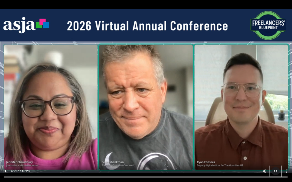 2026 ASJA virtual conference speakers (left to right): Jennifer Chowdhury, Peter Shankman, and Ryan Fonseca (screen capture by Elissa Odeh).
