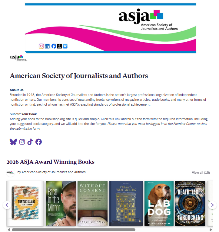 Screen shot of ASJA page on Bookshop.org