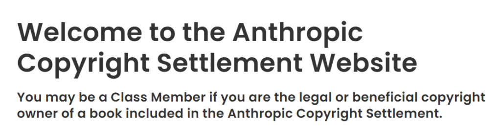 Screenshot of Anthropic copyright settlement website