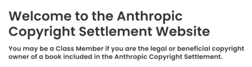 Screenshot of Anthropic copyright settlement website